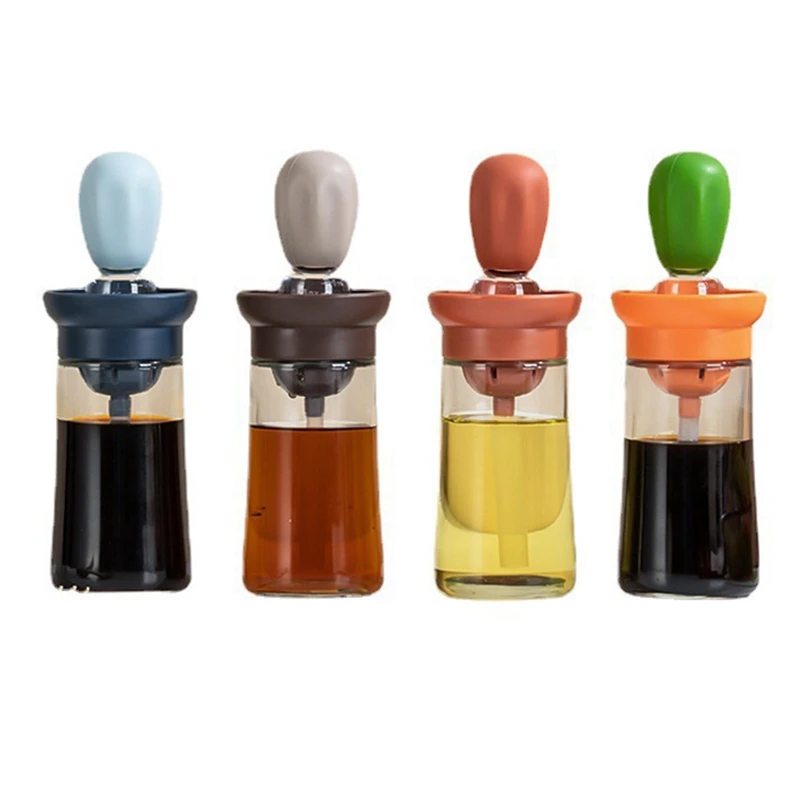 4 Piece Silicone Brush Oil Cruet Bottle Pastry Brush As Shown PP+Silica Gel+Glass For Barbecue Cooking Grill Culinary