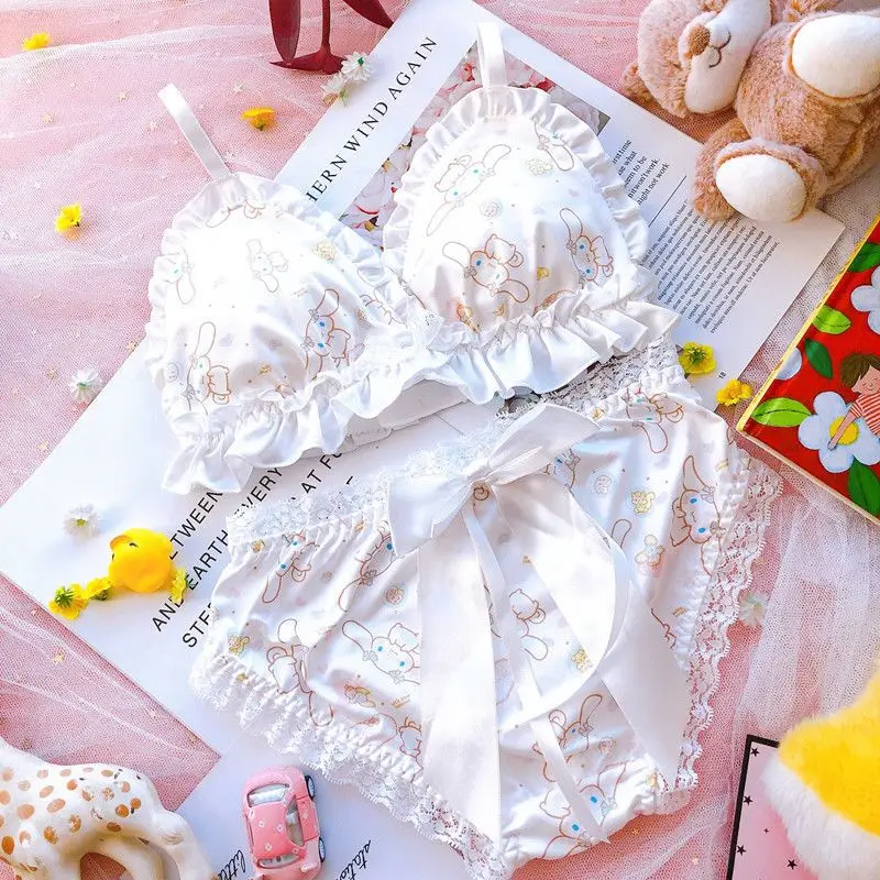 여성용 란제리 산리오 시나모롤 패턴 여성용 달콤하고 귀여운 통기성 레이스 리본 슬리밍 노 와이어 브라 커버 세트