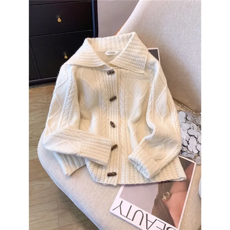 Autumn Winter Sweater Cardigan Women 2024 New Fashion Loose Casual Knitting Tops Horn Button Pure Colour Red Sweater Female