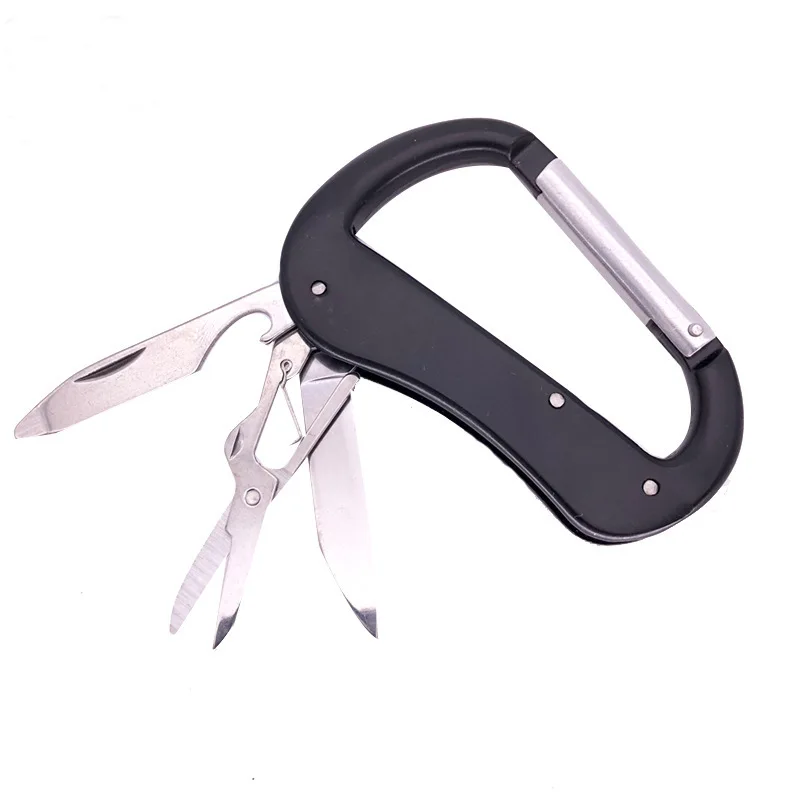 5-in-1 D-Shape Carabiner Keychain Portable Emergency Multitool with Folding Knife Scissors Opener EDC Gear for Outdoor Survival