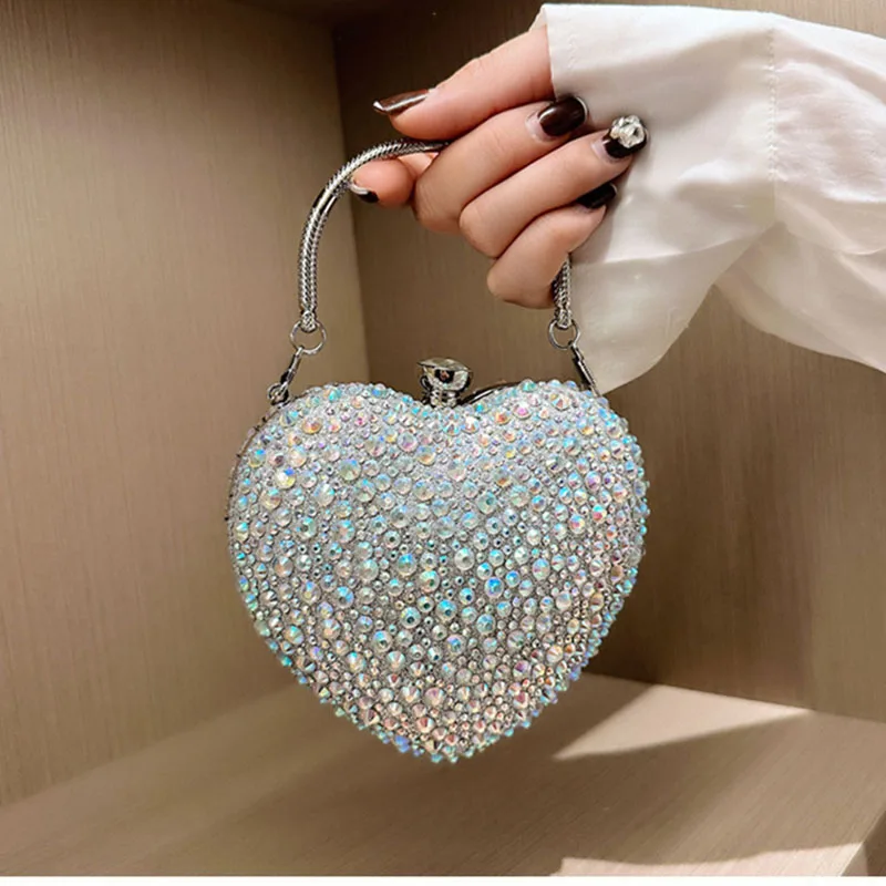 New Luxury Rhinestone Heart Diamond Crystal Clutch Bag, Inlay Mini Evening Handbag, Wedding Party Shoulder Purse With Handle Ins