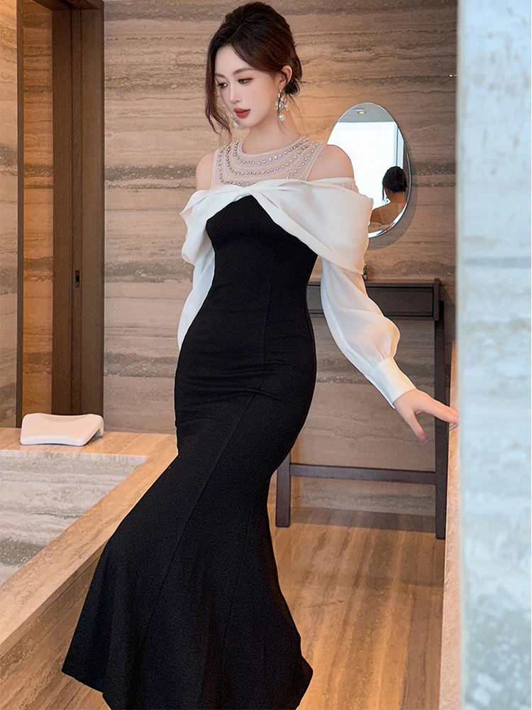 Feminino elegante feestjurken dameskleding wit zwart patchwork glanzende diamanten boog holle fishtail gewaad prom vestidos fiesta