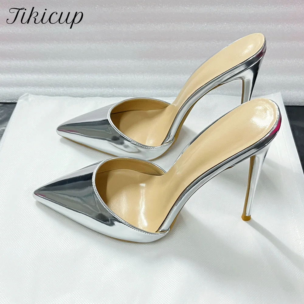 

New12cm/10cm Sexy Summer Slippers Metallic Silver Pointed-Toe Mule Heels Ultra-Sleek Stiletto Design for Glamorous Nights Shoes