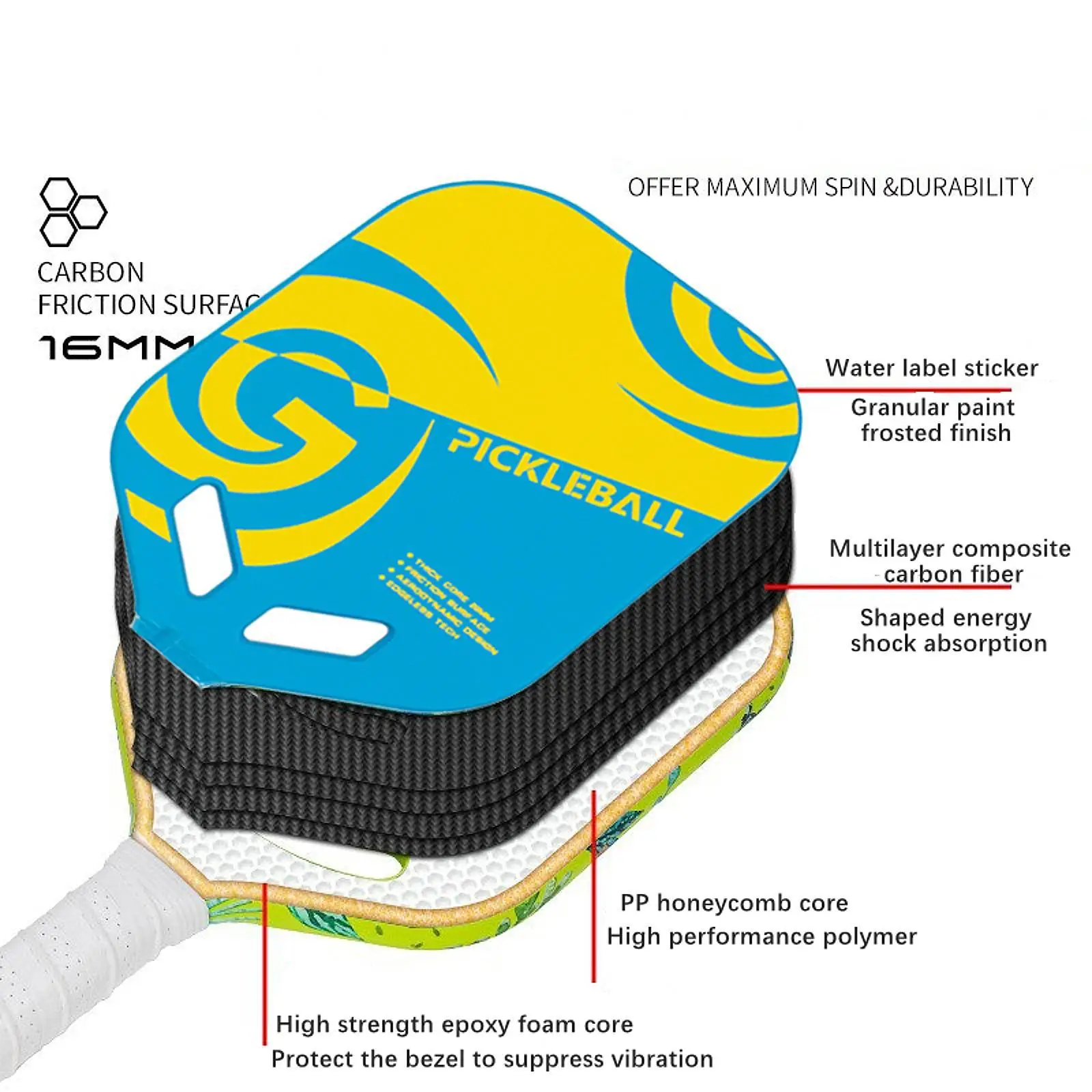 Paleta de Pickleball, práctica de diseño hueco con agarre cómodo, ligera