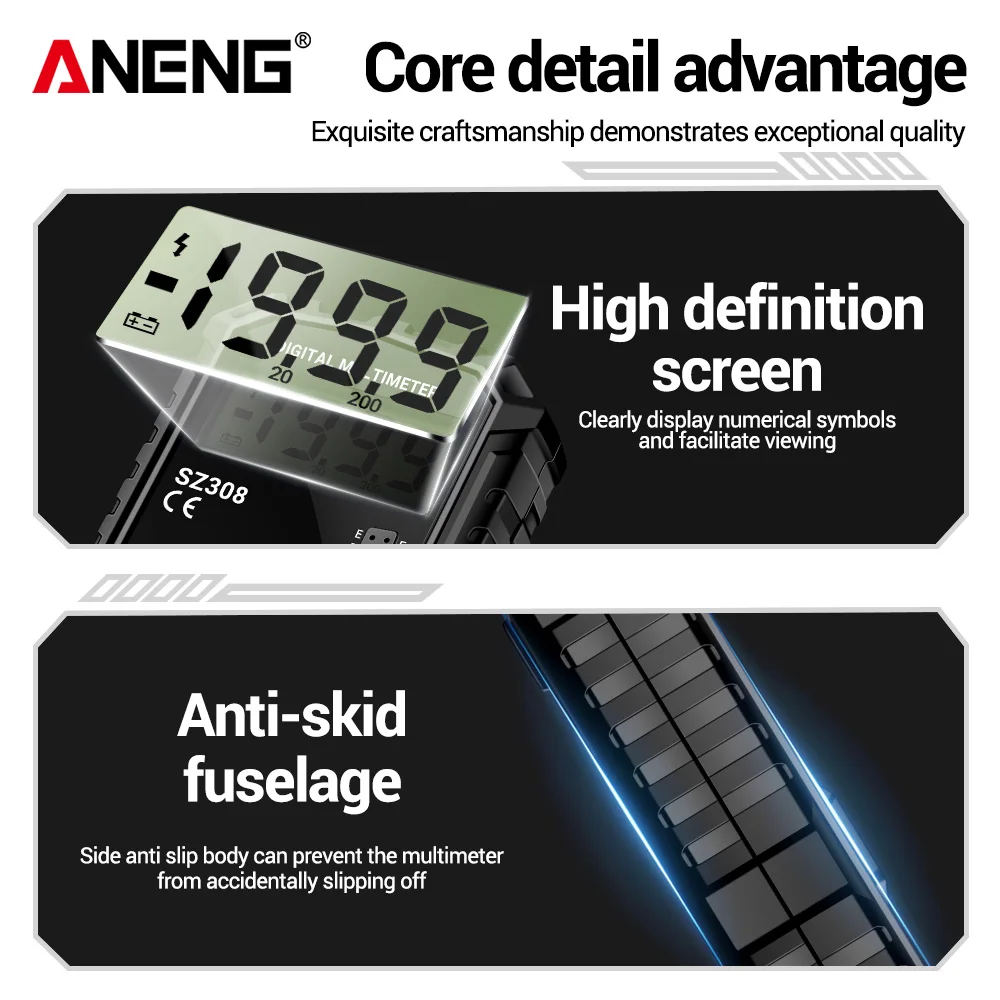 ANENG SZ308 Digital Multimeter 1999 Counts AC DC Voltage DC Current Resistance Tester Buzzer Square Wave for Electrician Repair