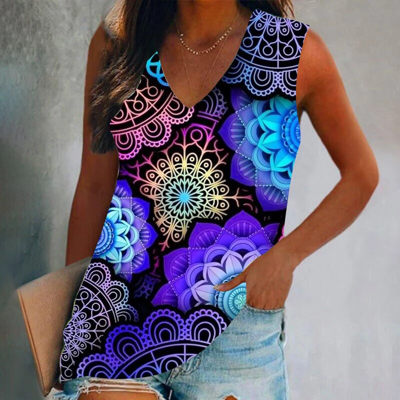 Summer Retro Flowers 3D Print Tank Tops Women Streetwear Casual Oversized V-Neck Vest Off Shoulder Sleeveless Woman Camisole