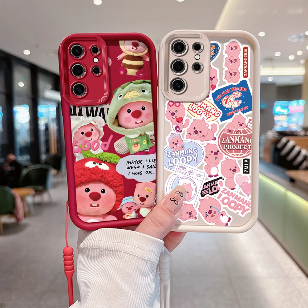 Cute Cartoon Loopys Pink Phone Case for Samsung S24 S23 S22 S21 Note 20 FE Plus Ultra 5G Soft Silicone TPU Cover With Hand Strap