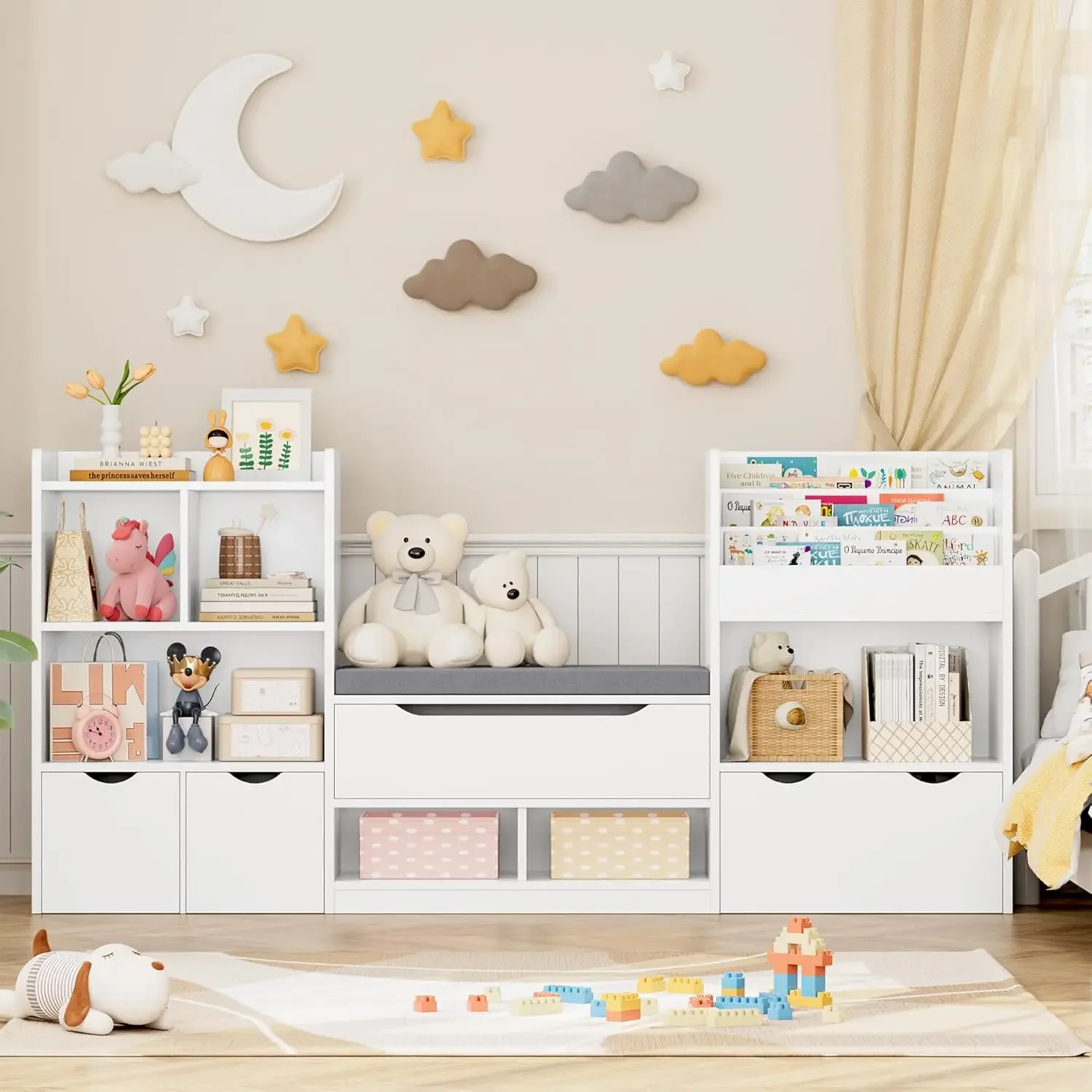 Bibliothèque pour enfants avec coin de lecture, très grand rangement pour jouets, coussin de siège, 3 portes mobiles, enfants qui lisent non, 72 po