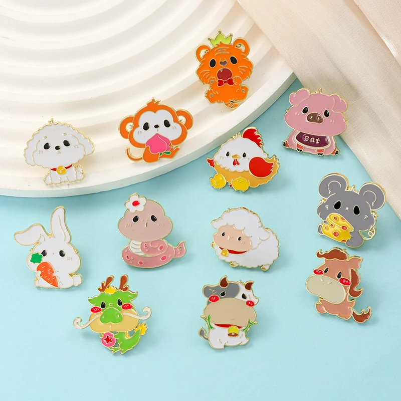 Cartoon Twelve Chinese Zodiac Signs Pins Cute Mouse Dragon Cow Horse Snake Rabbit Sheep Pig Dog Tiger Monkey Chicken Brooches