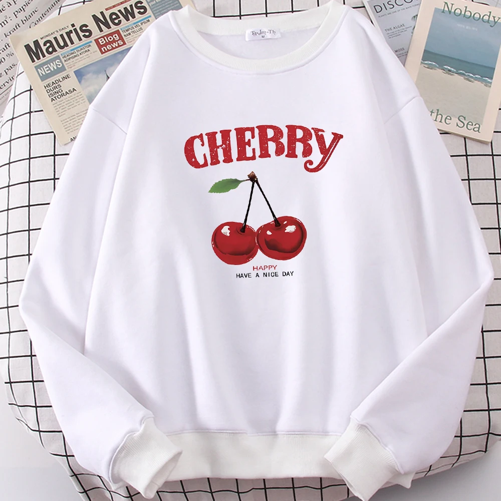 

Cherries Graphic Happy Have A Nice Day Print Sweatshirt Women Fleece Comfortable Pullovers Fashion Crewneck Top Loose Clothes