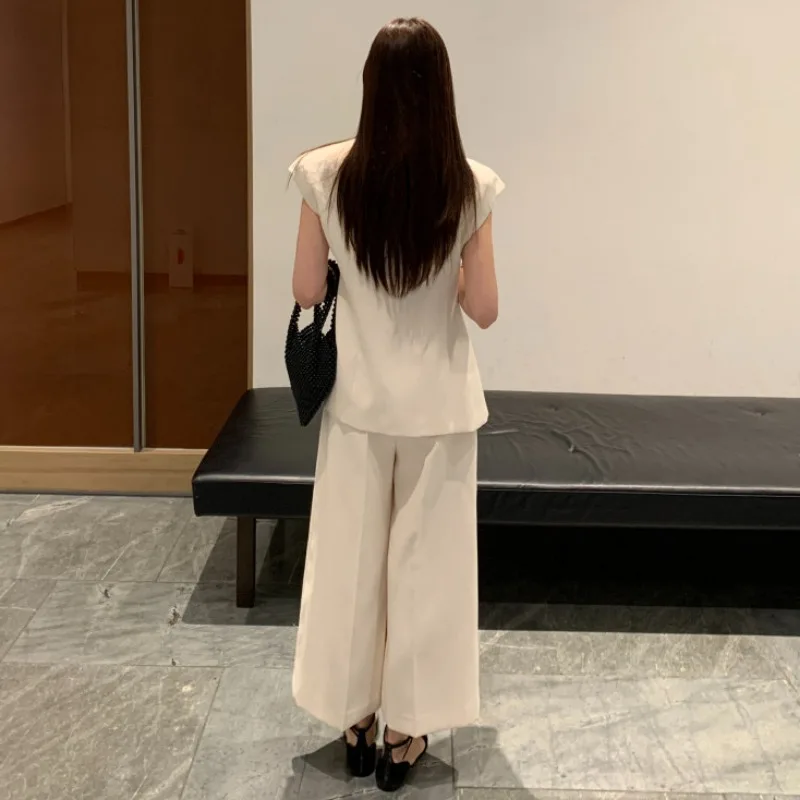 Spring Summer New 2024 Woman Sets V-neck Single Breasted Chaqueta Mujer + High Waist Wide Leg Pantalones Korean Chic Suit