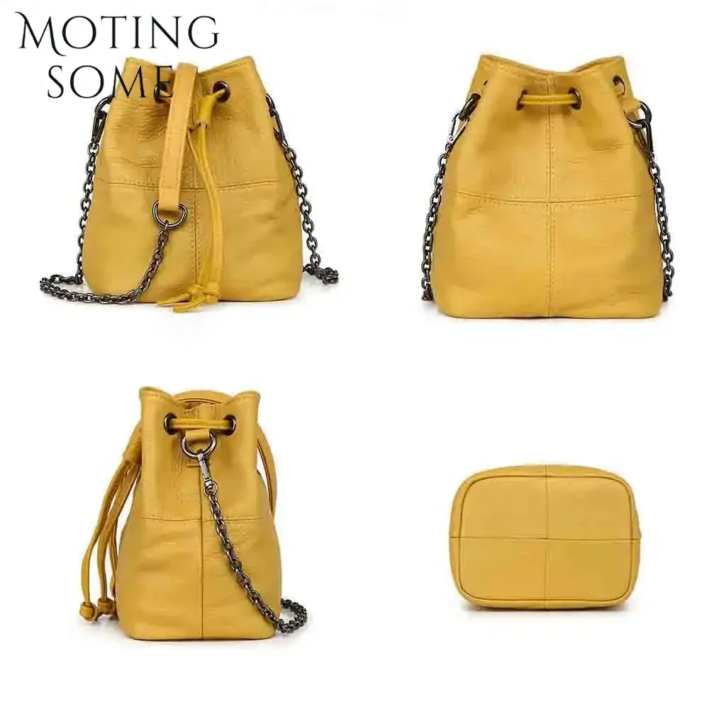 Motingsome borsa a secchiello Samll per donna 100% catene a mano in pelle naturale borse a tracolla Mini custodia femminile gialla novità nel 2024