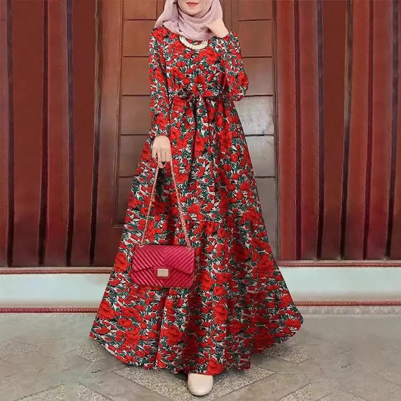 Nueva moda, vestido modesto de manga larga con estampado Floral para mujeres musulmanas, bata informal para mujer de Oriente Medio con cinturón para vestidos de Dubái