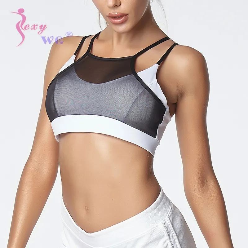 SEXYWG Breathable Sport Bras Yoga Shirts Vest Women Sexy White Black Mesh Sports Top Crop Push Up Brassiere Sportswear Yoga Bra