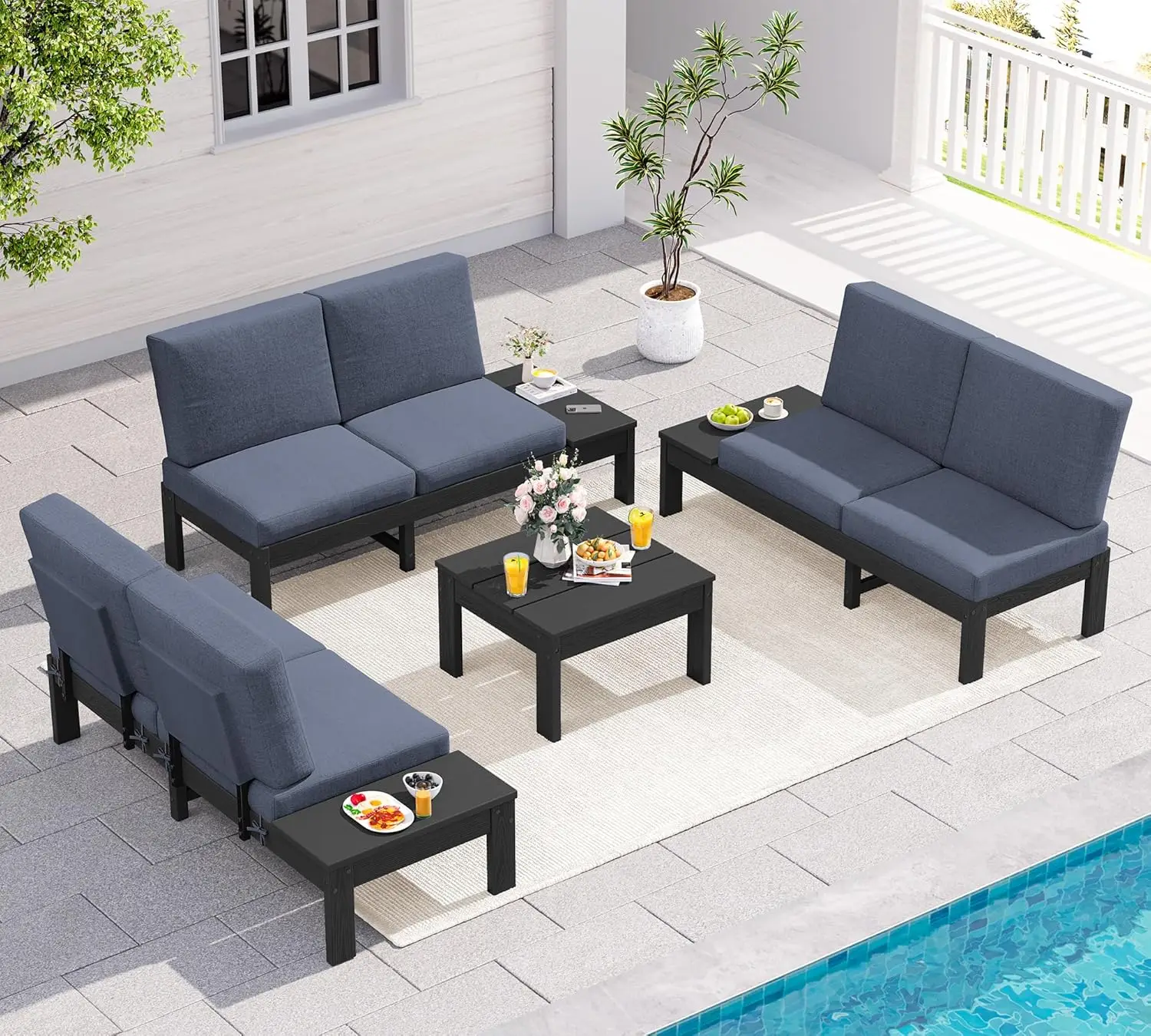 

HDPE Outdoor Sofa Set, All-Weather Patio Furniture Set, Seats 6, Modular Sectional Patio Furniture for Deck, Yard and Balcony, B