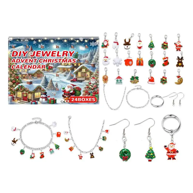 Gioielli natalizi Calendario dell'Avvento Collana Bracciali Anelli Orecchini Ciondolo con ciondolo Conto alla rovescia Calendario Scatola Regalo di Natale per bambini