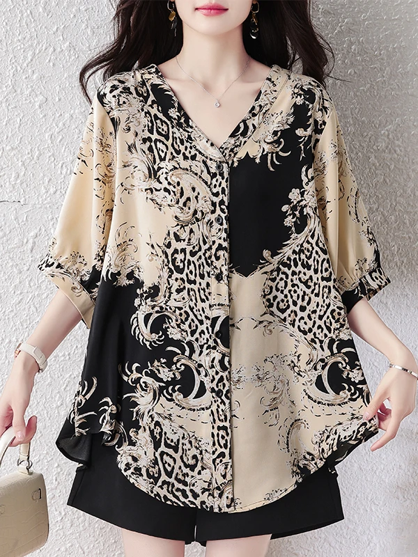 

Новая летняя женская блузка с цветочным принтом, свободного кроя, удобная, больших размеров, модный дизайн, скрывающий недостатки фигуры, повседневный топ с V-образным вырезом