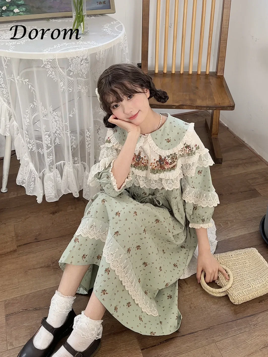 Japanese Mori Girl Patchwork Floral Dress Women Summer Vintage Peter Pan Collar French Dress Sweet Lace Ruffled A-line Vestidos