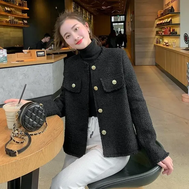 

2024 Women's Spring Autumn Fashion Cropped Tweed Outerwear Female Long Sleeve Loose Jackets Ladies O-neck Solid Coats Q119