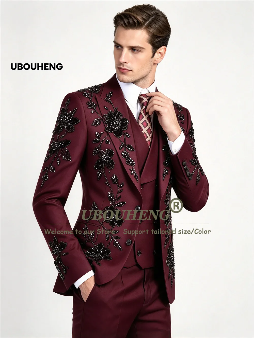 Exclusive  Suit Men For Wedding Black Beaded Stones Jacket Vest Pants 3 Piece Sets Groom Tuxedo Customized Male Fashion Outfit