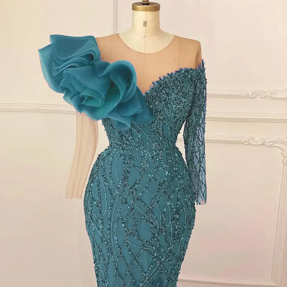 Arabisch Aso Ebi Groen Kant Zeemeermin Galajurken Pure Hals Lange Mouwen Plus Size Avond Formeel Feest Tweede Receptiejurken