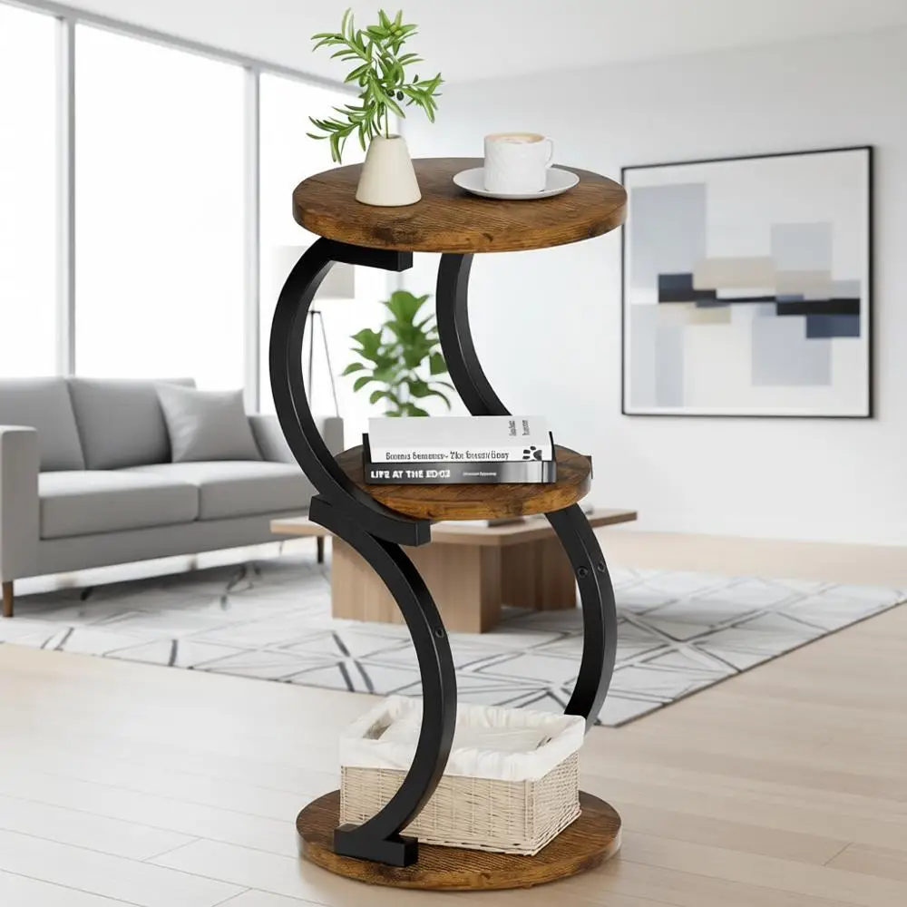 

Винтажный круглый приставной столик с 3 ярусами и полкой для хранения, в деревенском стиле, коричневый, для гостиной и небольших помещений