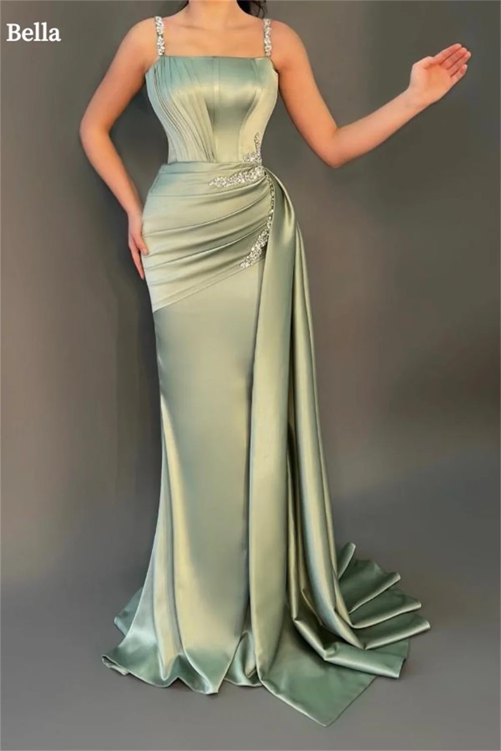 Bella Green Satin Prom Dresses, vestido de casamento Spaghetti Strap, elegante sem mangas, pregas até o chão, 2022