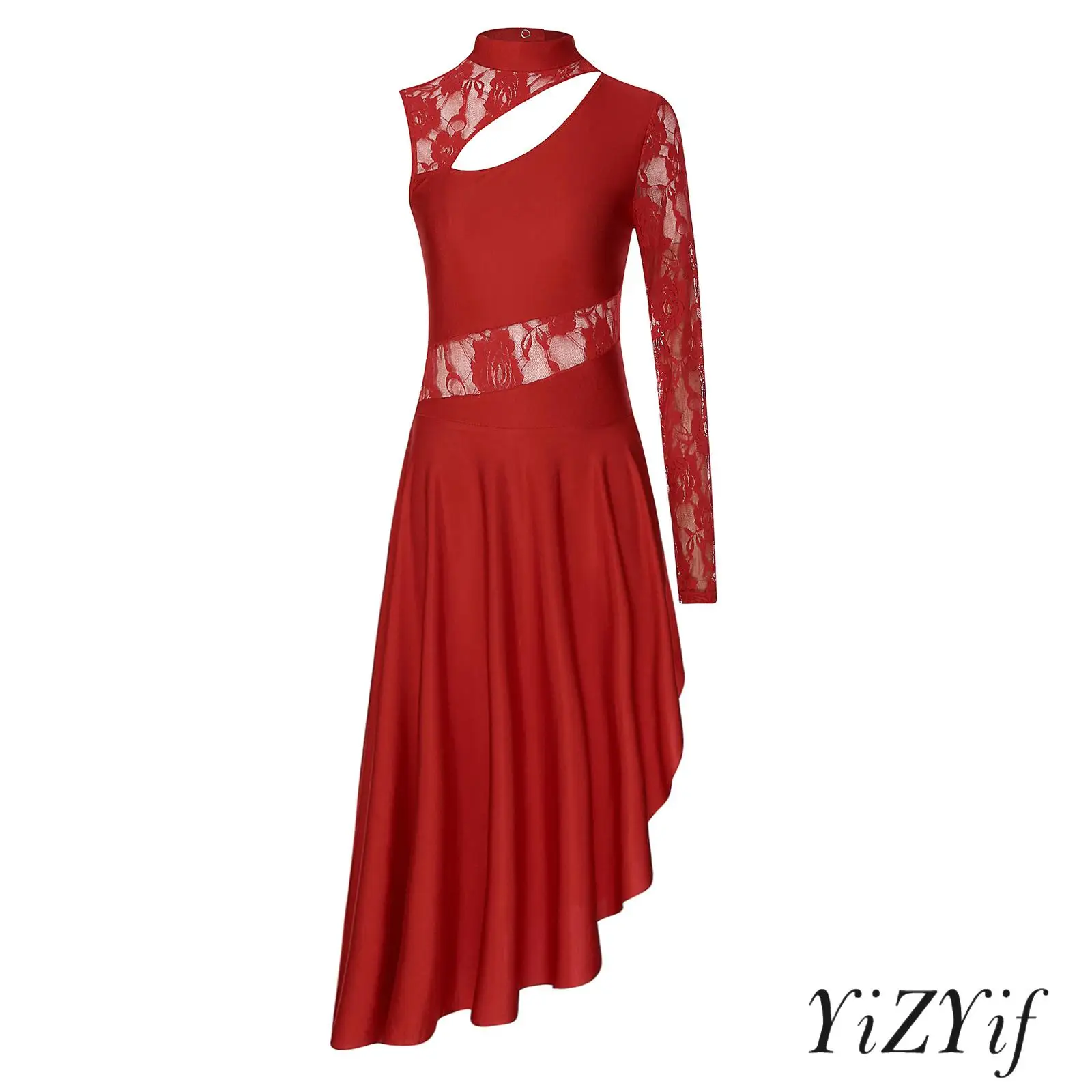 

Women Lyrical Modern Dance Dress Single Long Sleeve Cut Out Contemporary Dress Ballroom Dancewear Recital Performance Costume