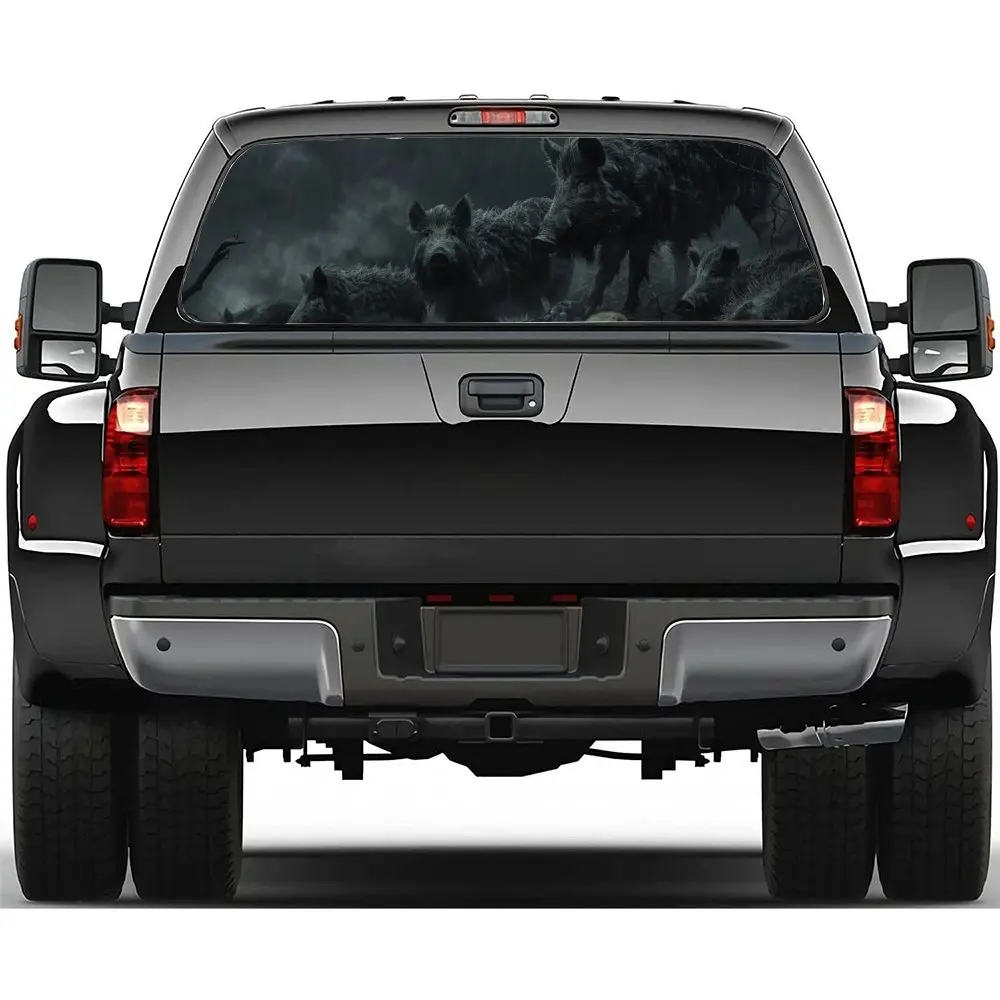 

Fantasy Black Wild Boar Print Car Rear Windshield Sticker Truck Window See Through Perforated Back Window Vinyl Decal Decoration