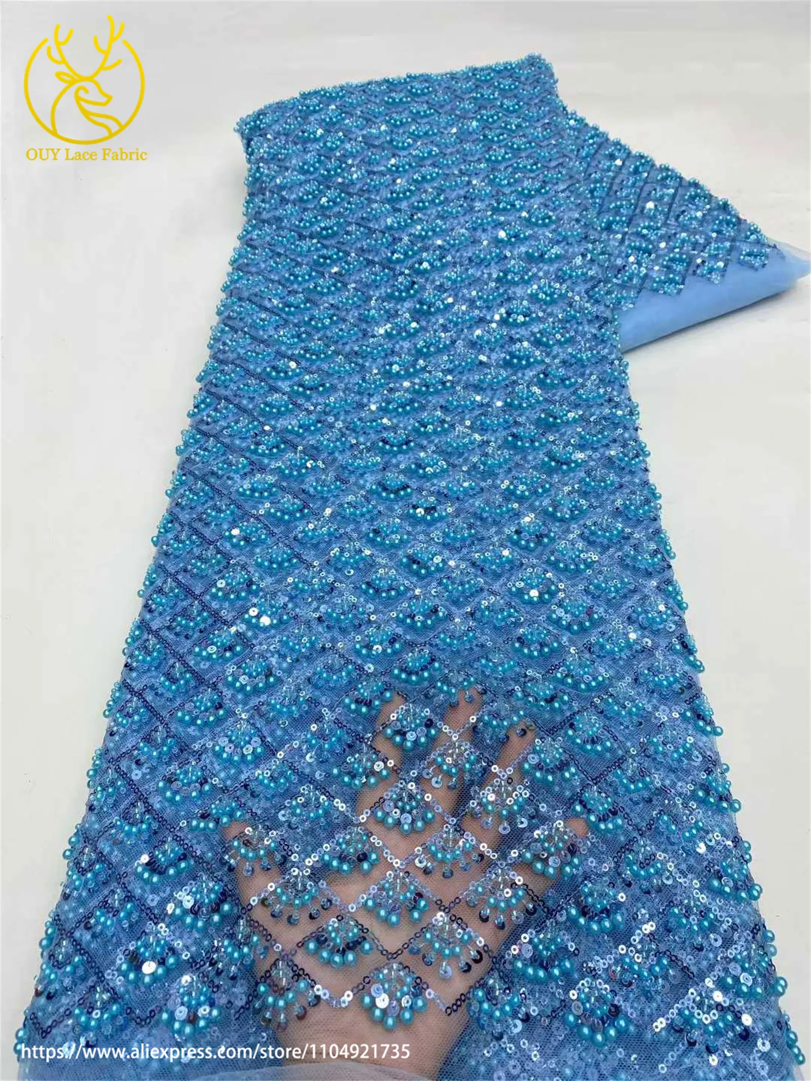Afrikanischer Perlen-Spitzenstoff 2026 Himmelblau Neueste Nigerianische Französische Pailletten-Tüllspitze Brautkleid Hochzeitskleid Material – Detail 10