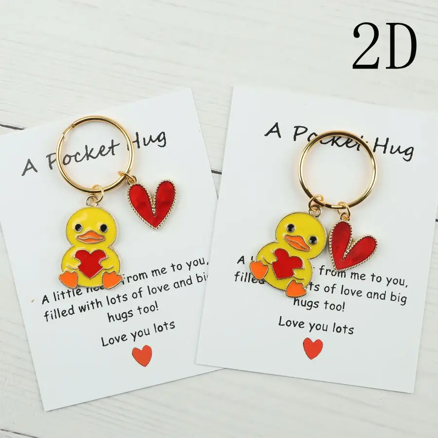 1 Pcs/2 Pcs Cute Little Yellow Duck Keychain, Includes a V-Pocket Embrace Card, Paired with a Small Gold Heart Pendant.