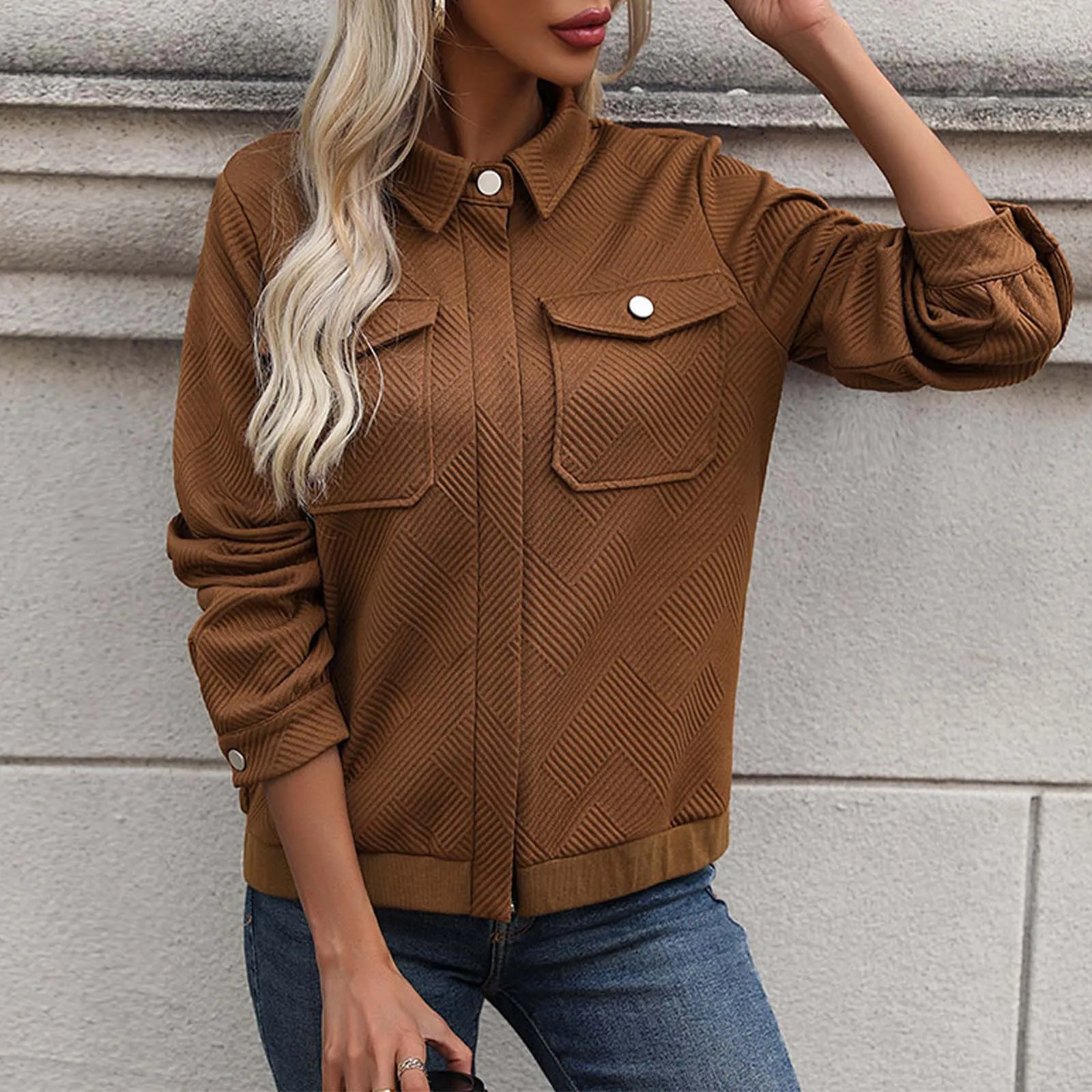 Women's Retro Pure Color Pocket Jacket Classic Style Elegant Spring And Autumn Women's Jackets Solid Soft Comfy Zip Coat Tops