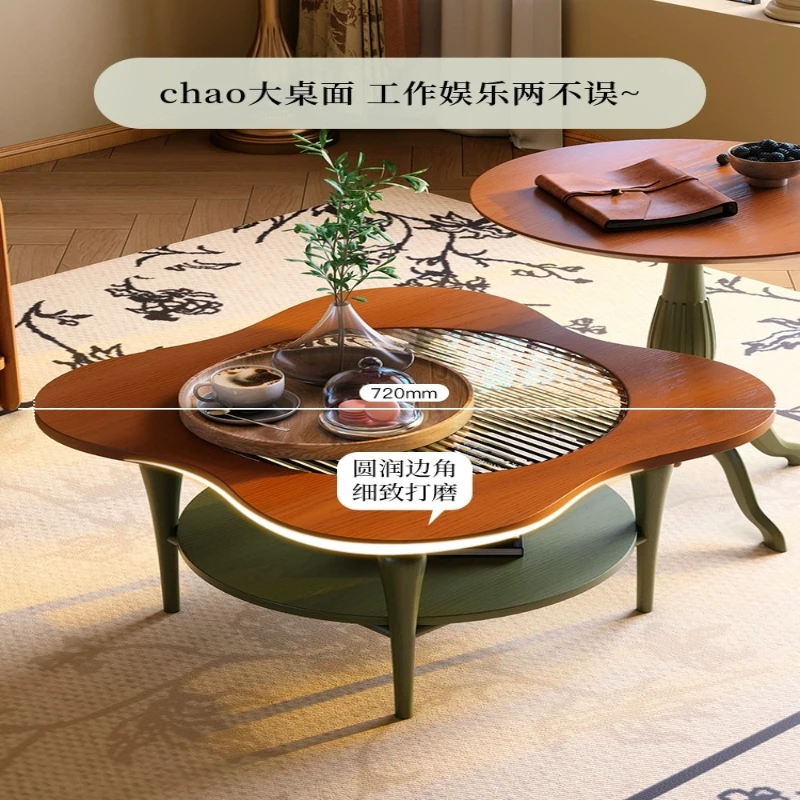 

Solid wood combination coffee table French retro small apartment living room antique high-end ash wood size round coffee table