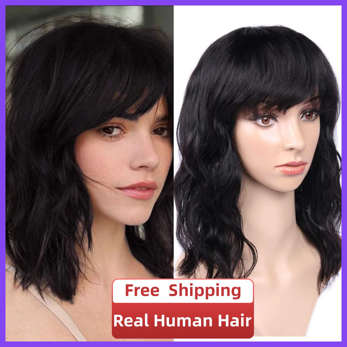 

Glueless Black Wigs With Bangs Natural Wave 16INCH Long Fringe Bang Wig Fake Scalp Human Hair for Women Real Peruvian Remy Hair