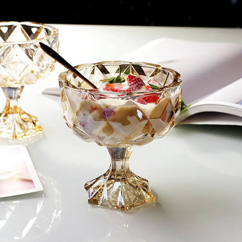 2Pcs Dessert Bowl Ins Luxury Vintage Amber Dessert Cup Ice Cream Cup Stembowl Breakfast Bowl Decorative Storage Arrangement