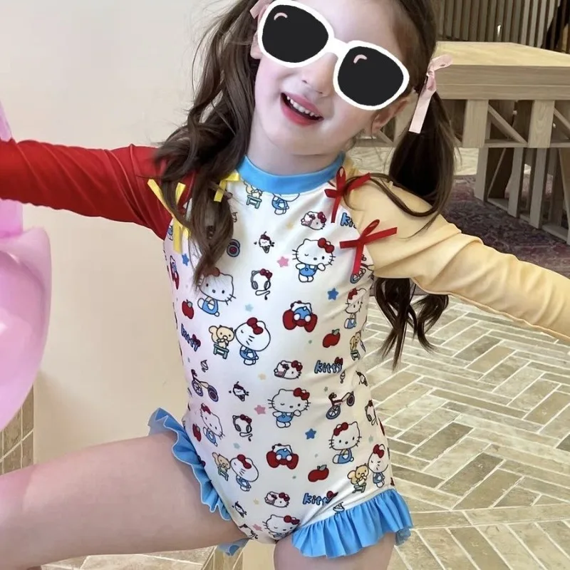 جديد الرسوم المتحركة مرحبا كيتي مطبوعة كم طويل ملابس السباحة الحماية من الشمس تكدرت التجفيف السريع قطعة واحدة ملابس السباحة بالجملة #3