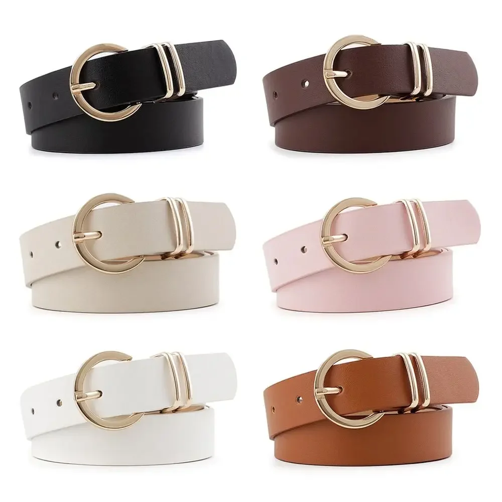 Fashion Gold Round Button Women's Belt PU Leather Soft Waistband Belts Luxury Simple Leather Belt Jeans