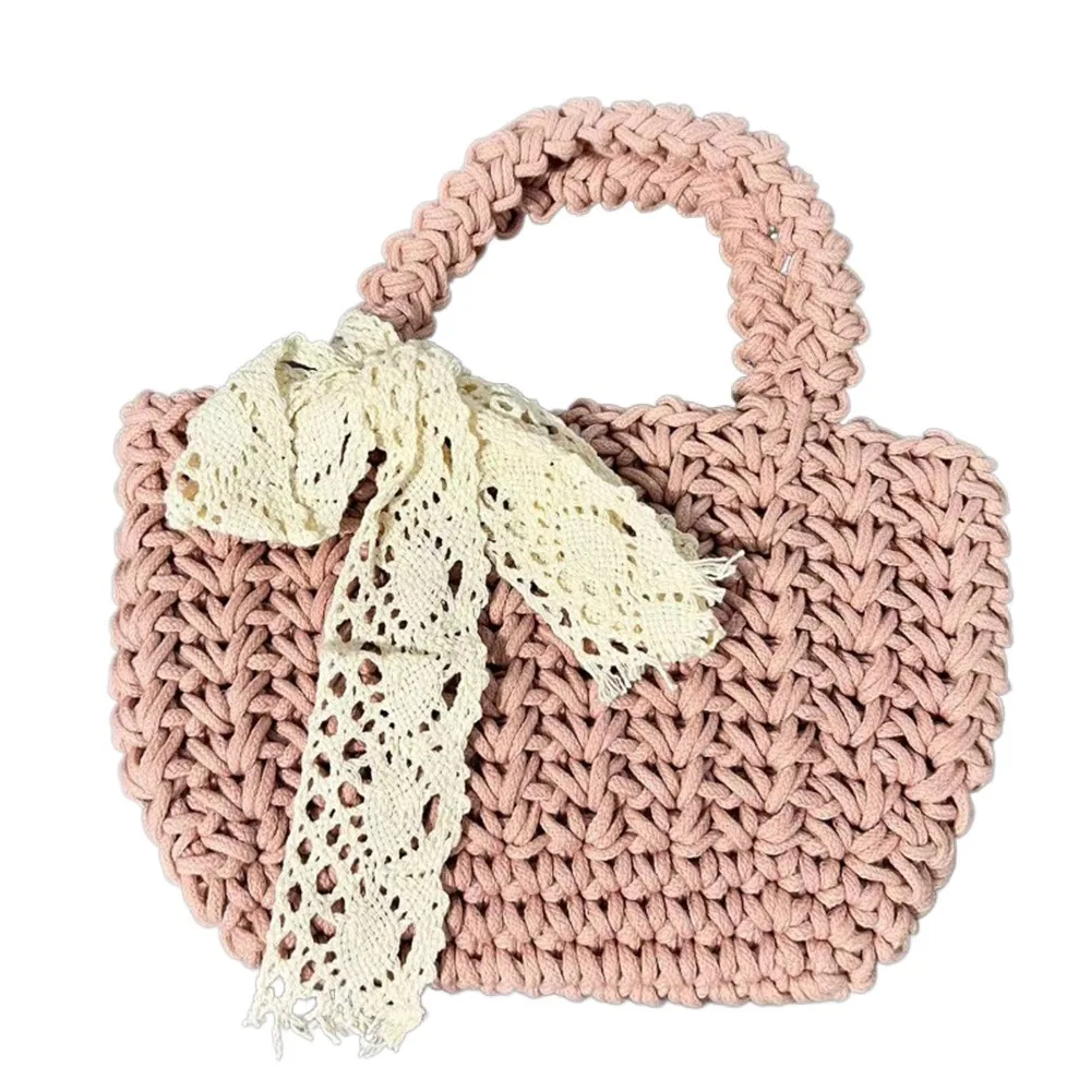 

Trendy Hollow Out Beach Straw Bag Large Capacity Lace Bowknot Braided Underarm Bag Elegant Tote Knitted Handbag Holiday