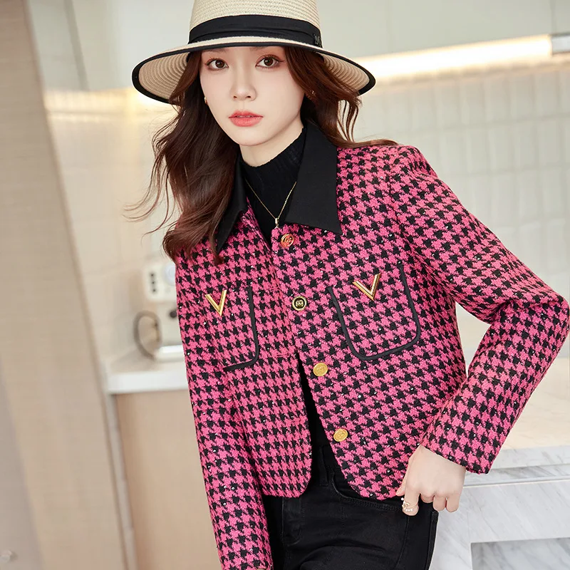 High quality wool blend blazer for women short plaid jacket single breasted spring 2024 elegant fashion clothes - white purple