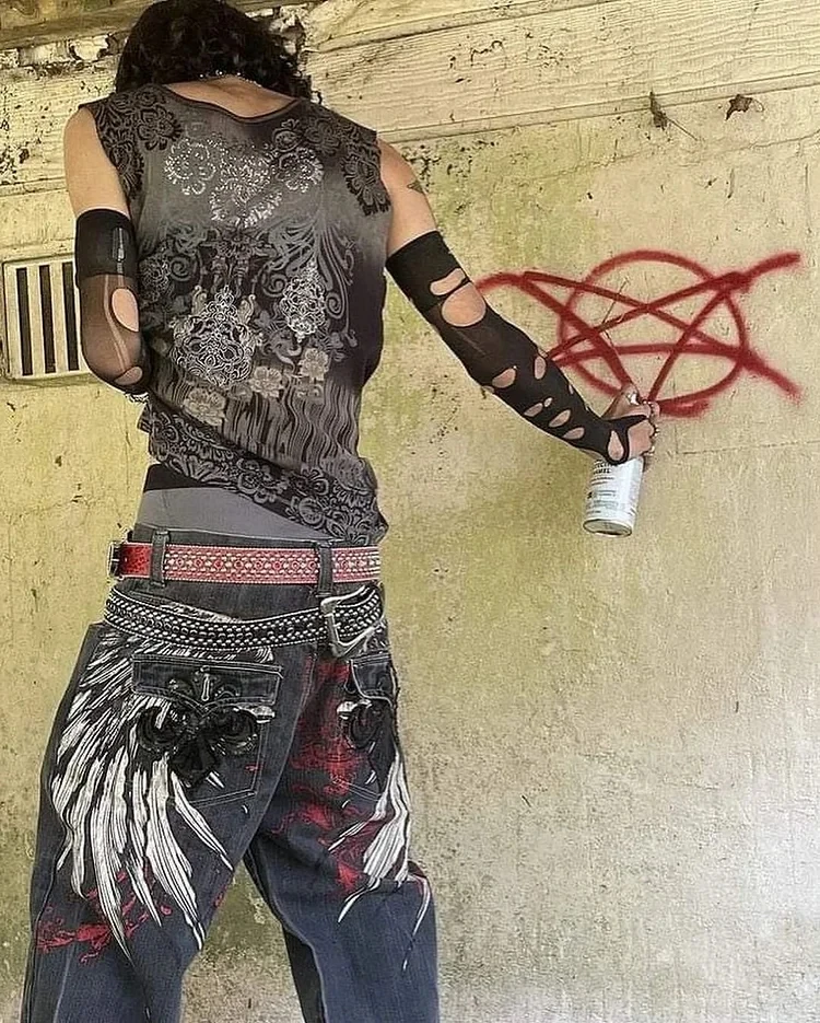 

Vintage 2000s New Harajuku Wing Jeans Embroidery Baggy Jeans Pants Street Punk Hip Hop Y2K Gothic Wide Leg Trouser Streetwear
