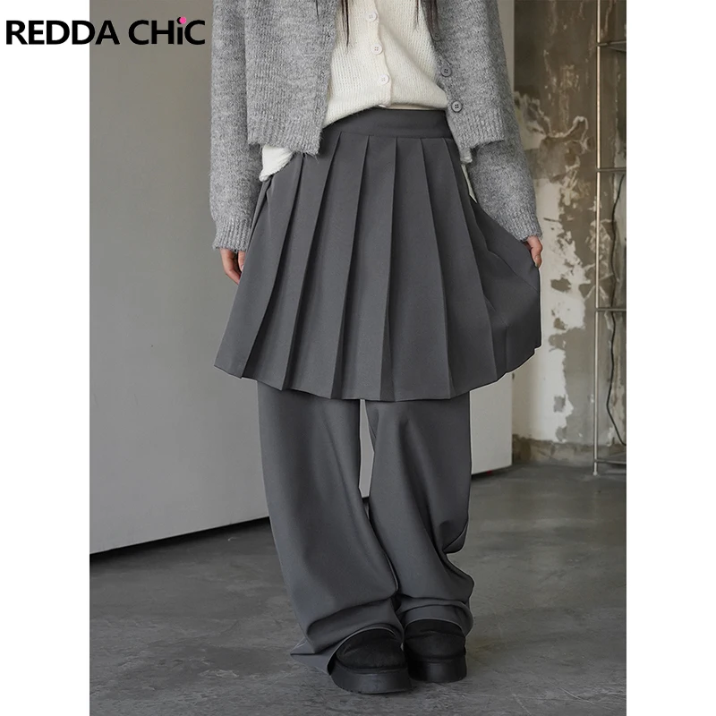 ReddaChic Acubi Fashion Gray Suit Trousers Pleated Wrap Skirt Solid Cleanfit Loose Straight Palazzo Pants Vintage Women Clothes