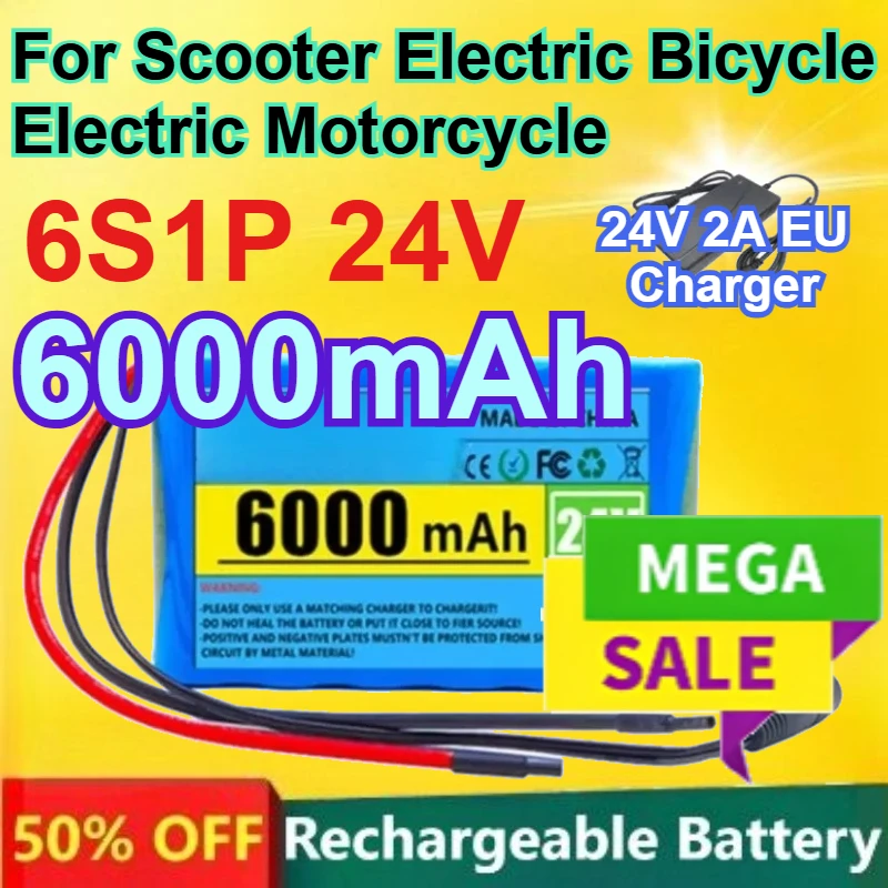 

18650 6S1P 24V 6000mAh Rechargeable Lithium Battery for Scooter Electric Bicycle Electric Motorcycle Battery +24V EU Charger