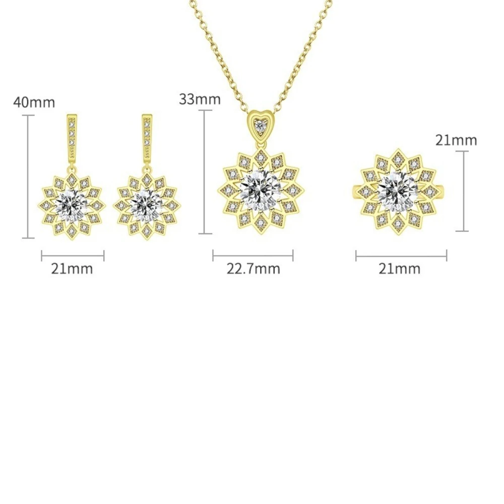 Exquisite 925 sterling silver flower gold jewelry set - ring, earrings, necklace. Women's accessory. 5