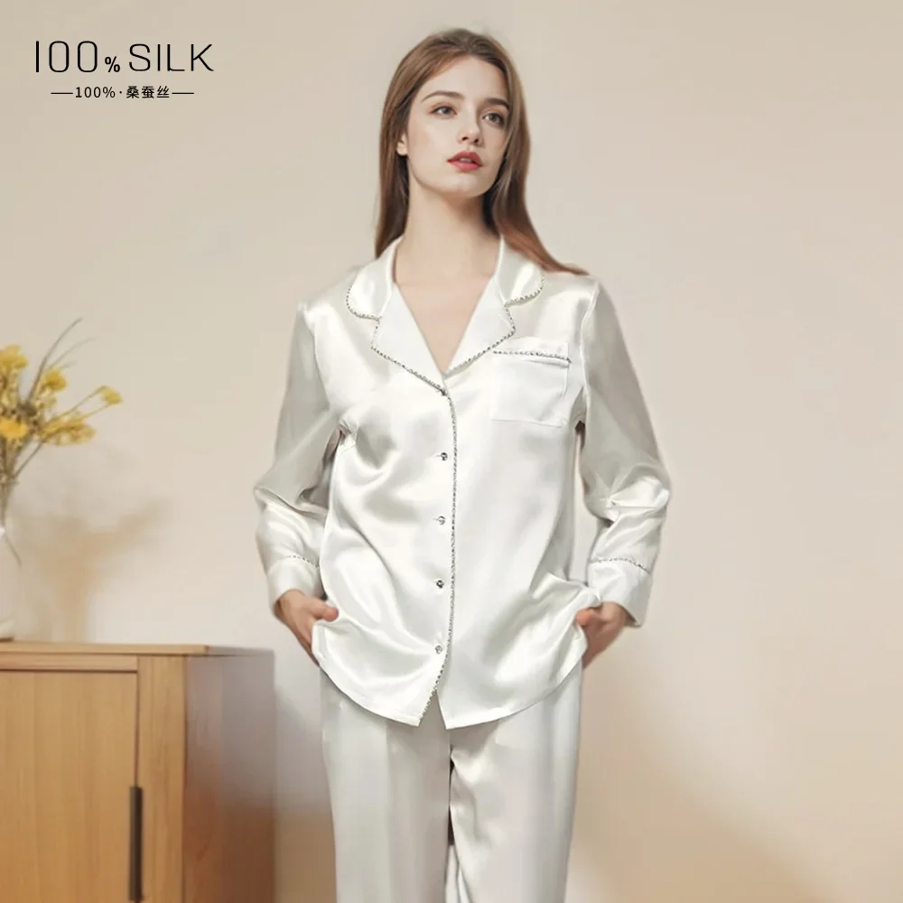 Leisure Mulberry Silk Nightwear Lingerie 22MM Silk Women's Pajamas Long Sleeve Top Bottom Suit Autumn and Winter Sleepwear Set