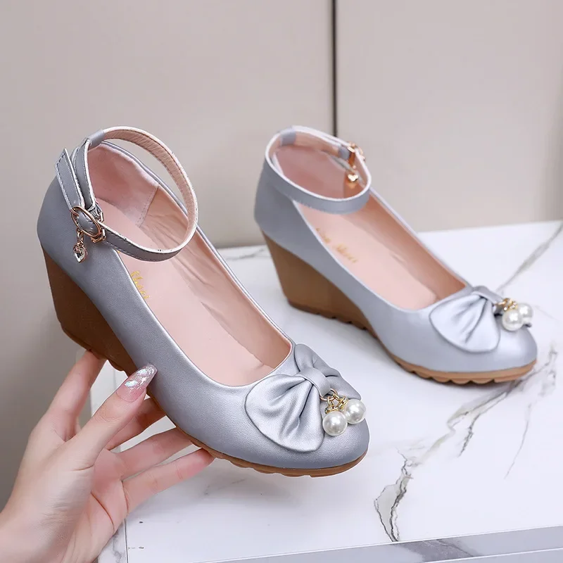 

High Heels Wedges Shoes New Fashion Women Pumps Pearl Bowtie Casual Shoes Brand Women Platform Loafers Wedge Heel 6cm