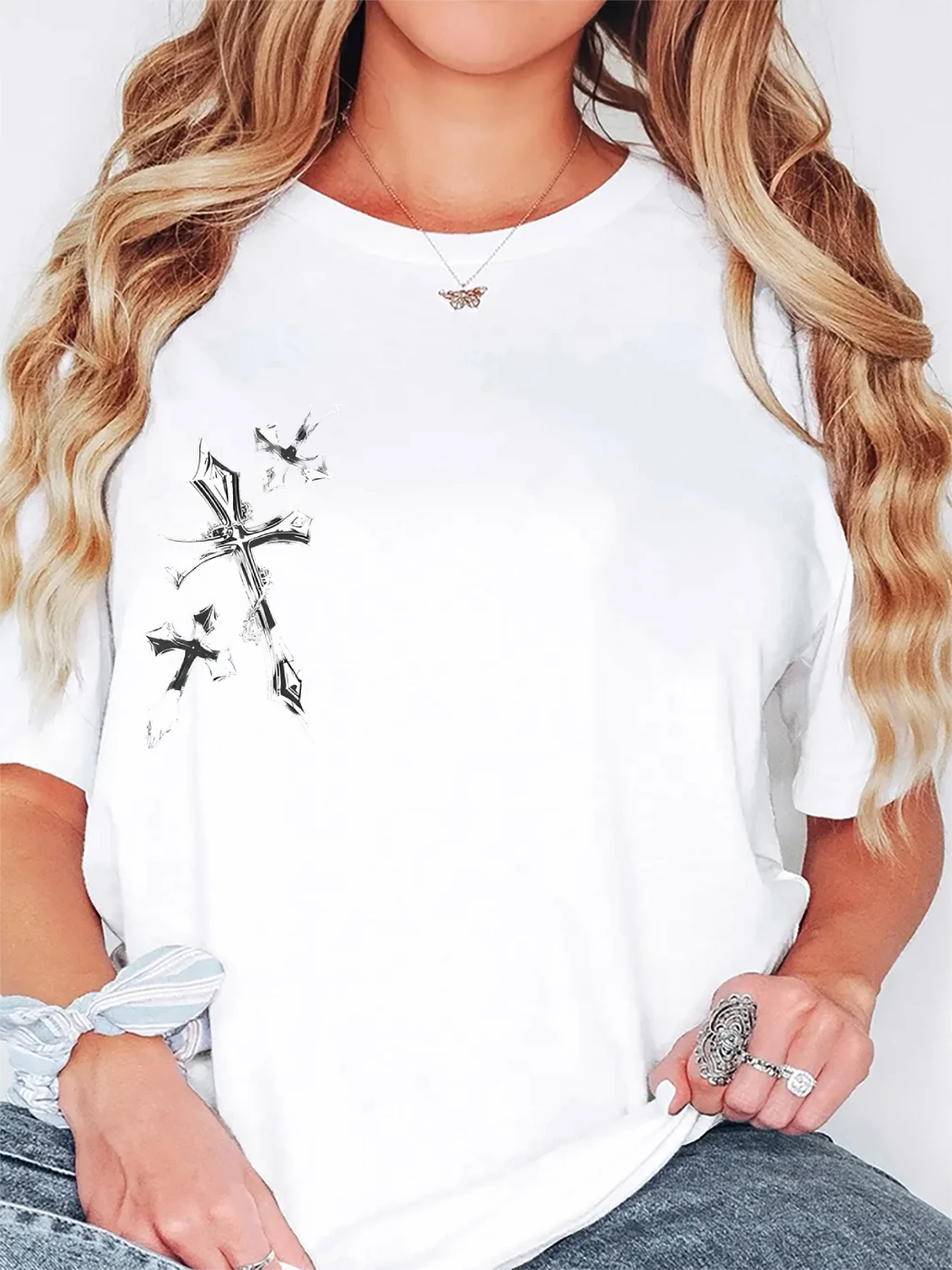 

Художественная женская футболка с рисунком Y2K, чернильный крестообразный принт, эстетичная одежда Cutecore, модная футболка в художественном стиле