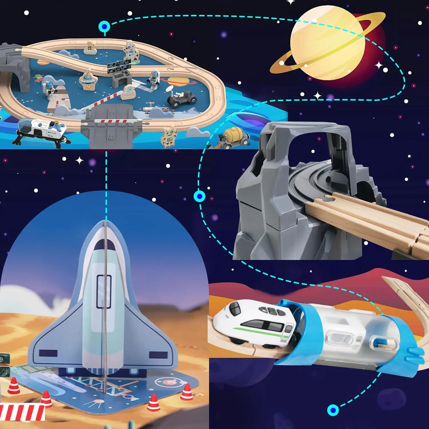 Ensemble de train en bois pour tout-petits, train magnétique avec rail pour enfants de 3 à 6 ans, compatible avec les grandes marques, chemin de fer spatial, 82 pièces