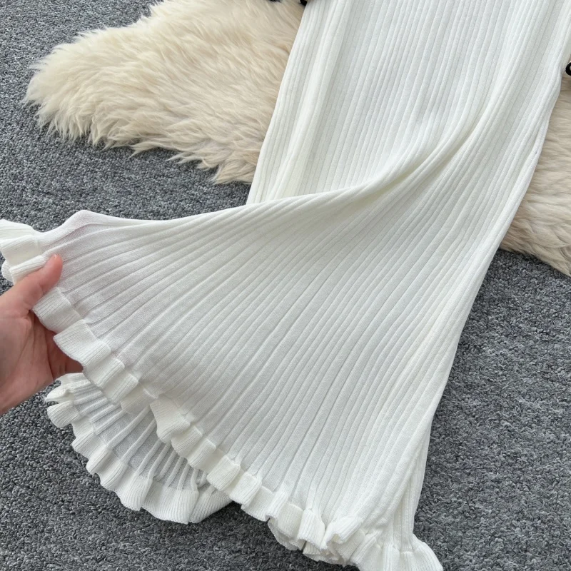 Elegante Gestrickte Pullover Kleid Herbst Kleidung Frauen Rippen Kontrast Volle Hülse Lange Kleider OL Stil Stricken Kleid Robe Femmes