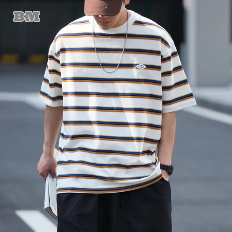 

Summer Japanese Streetwear Striped T Shirt Men Clothing Harajuku Casual High Quality Short Sleeve Tee Korean Trendy Tops For Boy