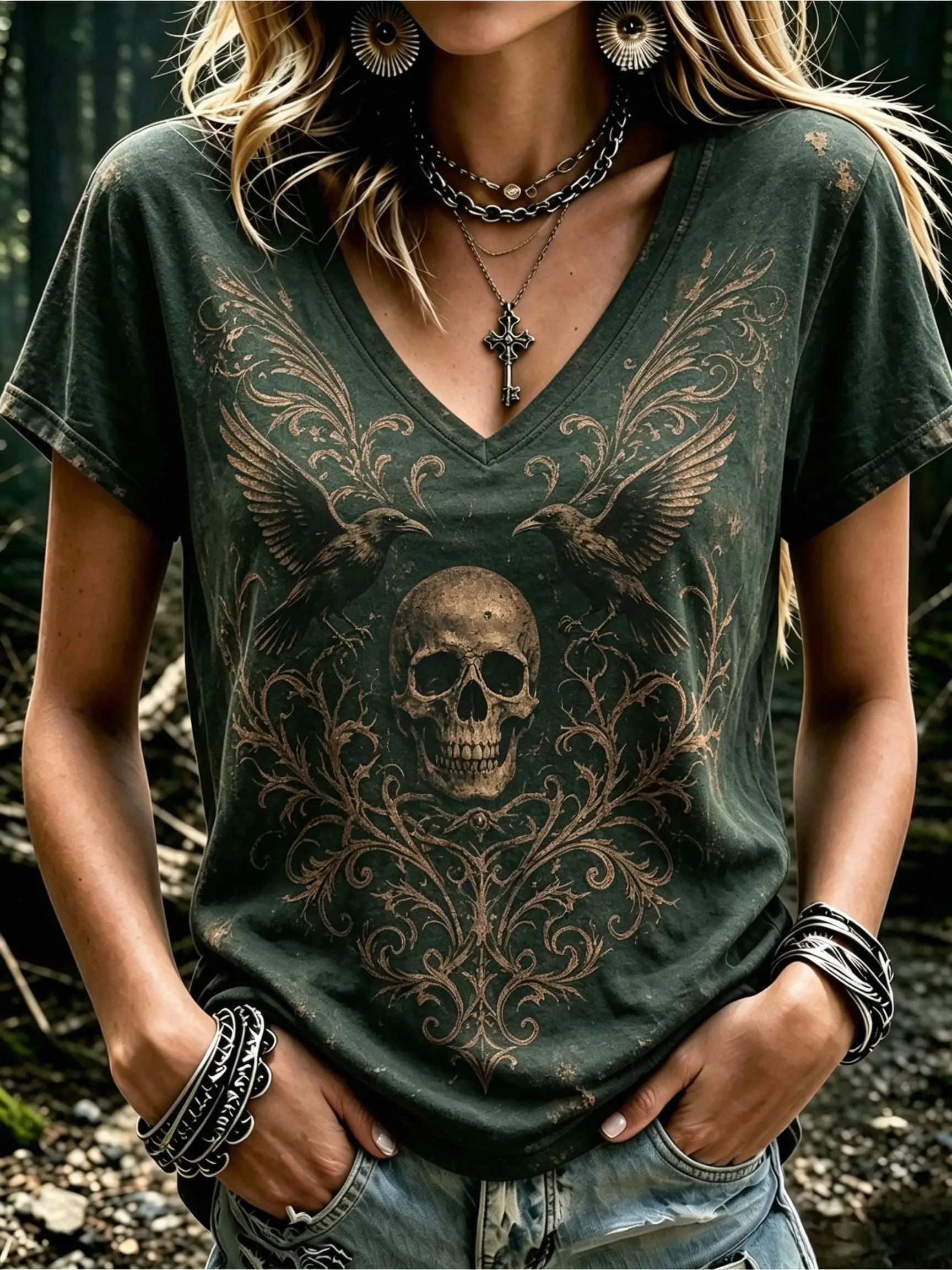 Women V‑Neck Short Sleeve T‑Shirt Vintage Gothic Print Tees Skull Raven Cross Rose Retro Baroque Floral Casual Loose Daily Tops
